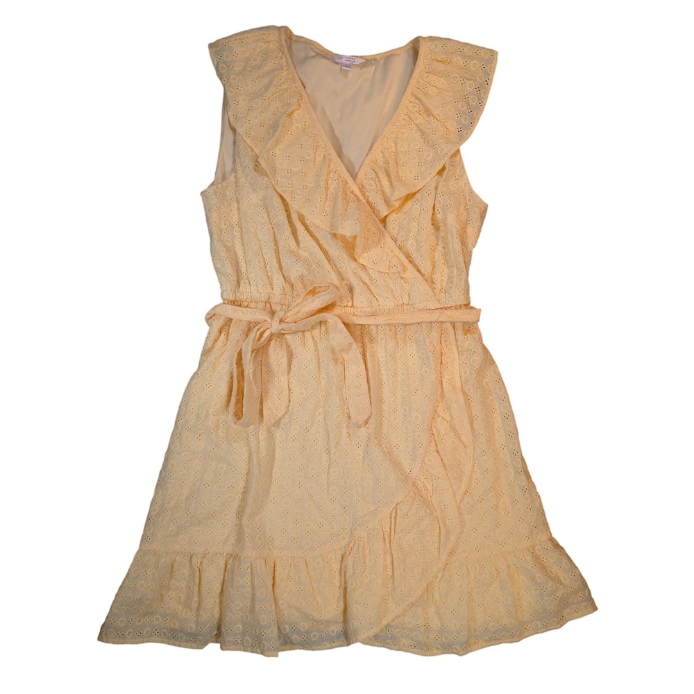 LC Lauren Conrad Yellow Eyelet Ruffle Wrap Mini Dress Womens Large Sleeveless